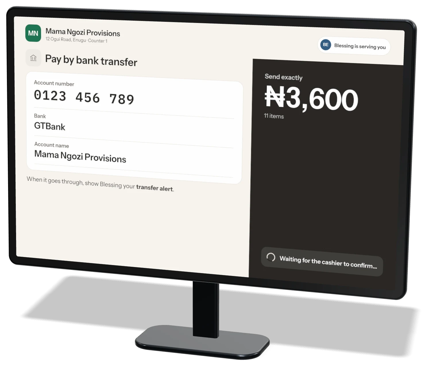 Customer display showing bank transfer details